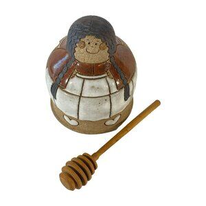Vintage Krista Hahne Stoneware Honey Sugar Candy Jar 1986 + Wood Honey Dipper